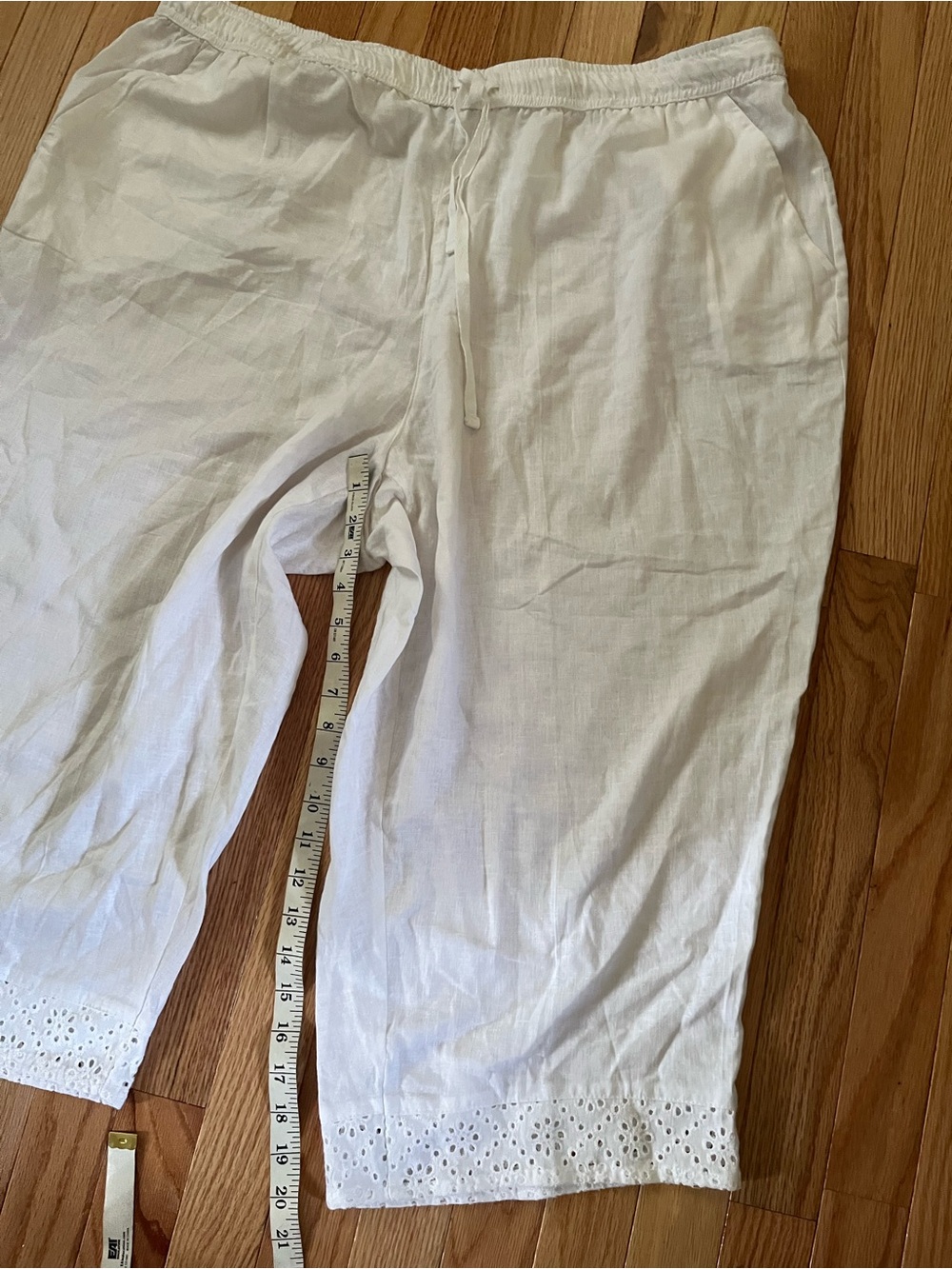 White Linen Eyelet Straight Leg Capri Pull On Pants 2X Coastal Resort Beach - Picture 7 of 9